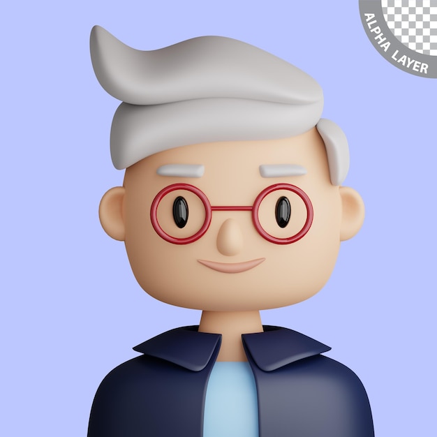 3d illustratie van lachende volwassen man cartoon close-up portret van staande grijze haren man op een blauwe achtergrond 3d avatar voor ui ux