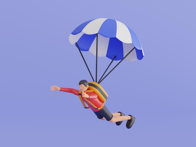 PSD 3d illustratie van man genieten van parachutespringen man rijden parachute extreme sporten parachutespringen