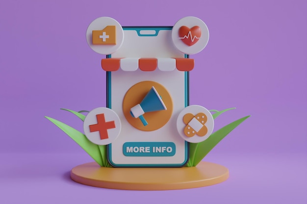 3D illustratie van mobiele app voor gezondheidszorg Mobiele geneeskunde online arts Digitaal gezondheidsconcept