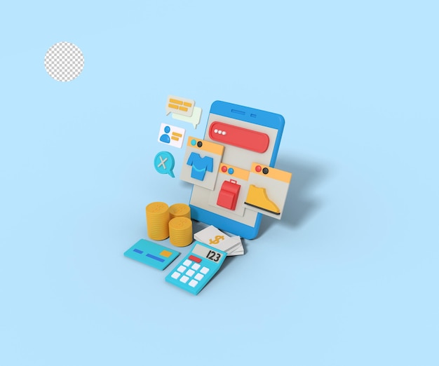 3d illustratie van online winkel-app op telefoon