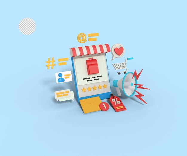 3d illustratie van online winkel-app op telefoon