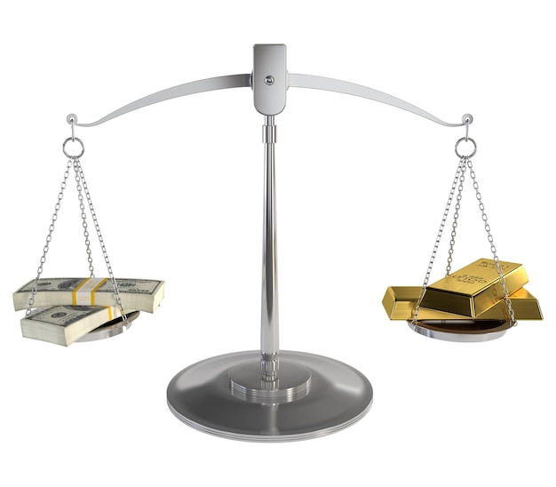 3d illustratie van schalen van rechtvaardigheid met bundel geld aan de ene kant en goudstaven aan de andere geïsoleerd op transparante achtergrond
