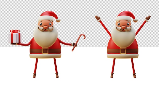 PSD 3d illustratie van schattige kerstman karakter in twee posities op witte png-achtergrond.