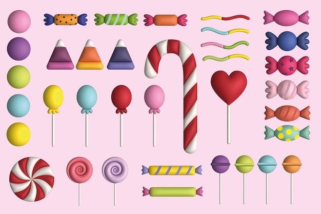 3D-illustratie van snoep, snoep, kauwgom, snoepstokjes, kauwgum, lolly's, kleurrijke