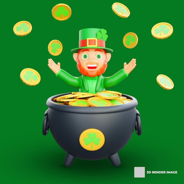 PSD 3d-illustratie van st patrick's day personage leprechaun in een ketel omringd door gouden munt