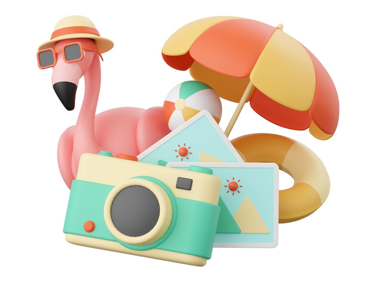 PSD 3d-illustratie van summer concept flamingo met strandhoed en zonnebril met camera en paraplu