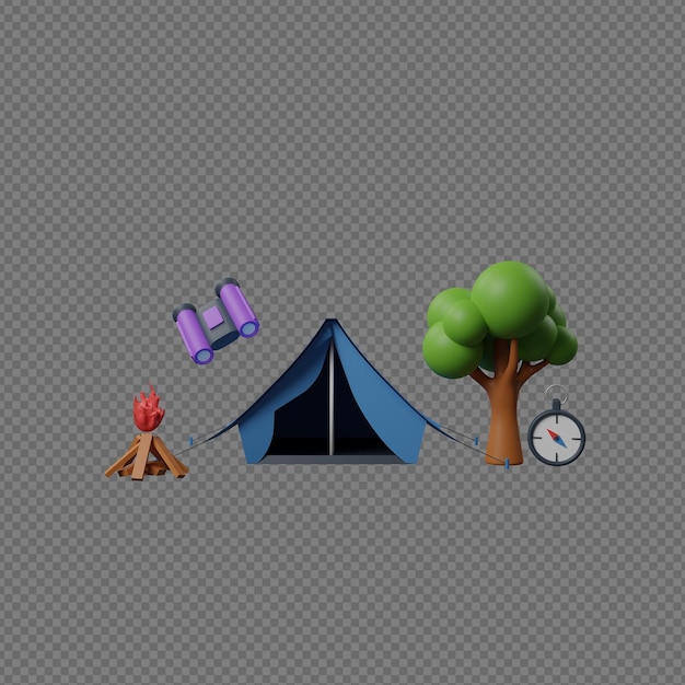 PSD 3d illustratie van tent en reisdingen met transparante background