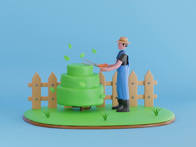 PSD 3d illustratie van tuinman trimmen bomen in tuintuinman