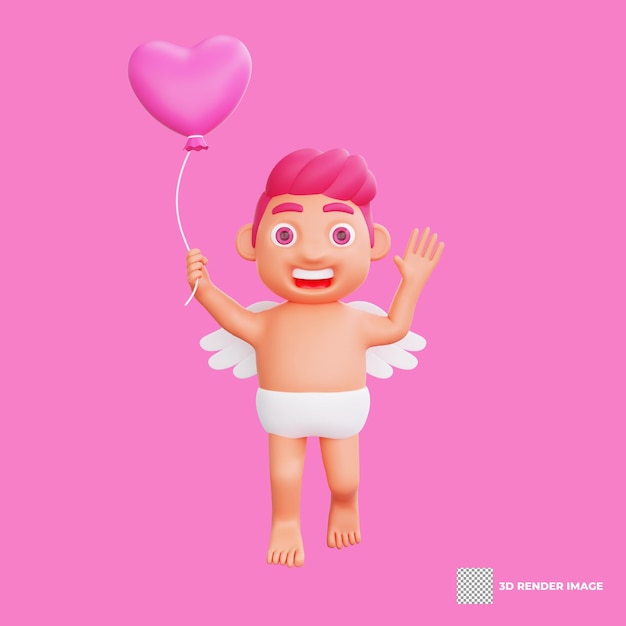 3D illustratie van Valentine Cupid karakter Joyful met hartballon