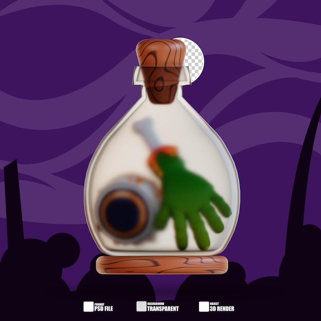 PSD 3d illustratie van zombiehand en oog in een fles 4