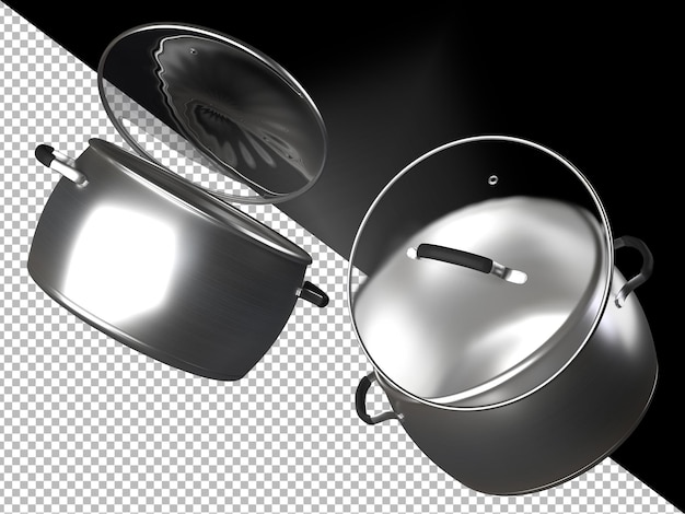 3D illustratie van zwevende metalen kookpotten, deksels en voedsel