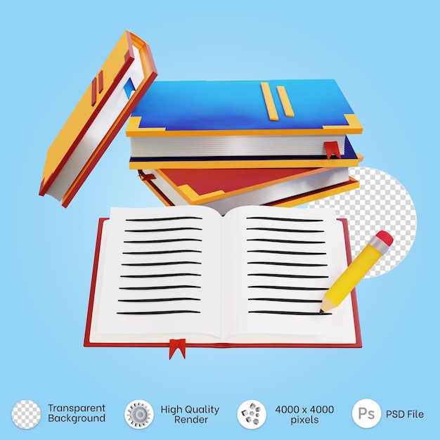 3d illustratie voor het bestuderen van concept met stapel boeken een geopend boek en een potlood erop
