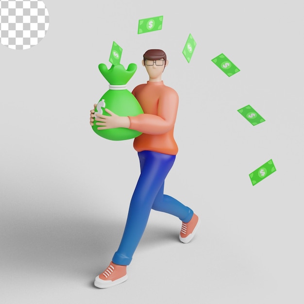 3d-illustraties jonge smiley zakenman met volle geldzak bankbiljetten rondvliegen