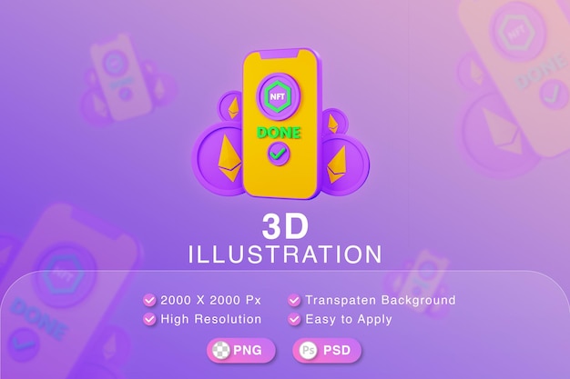 3d-illustratietelefoon met nft-toepassing