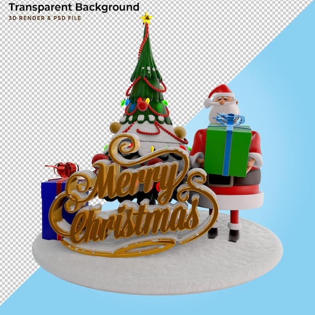 3D иллюстрации. 3D Дед Мороз с огромными подарками и сосной