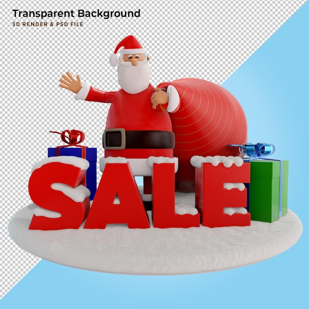 3d illustration. 3d santa claus with huge sack of gifts and text sale