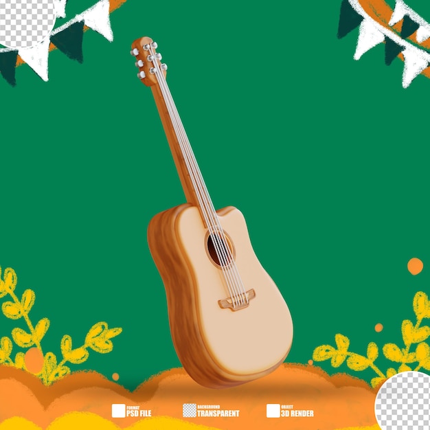 3d illustration acoustic guitar with a wooden body and strings 3