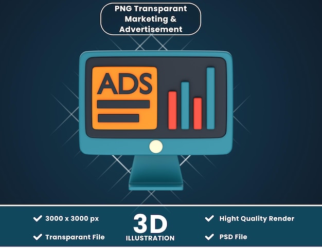 PSD illustrazione 3d delle statistiche pubblicitarie