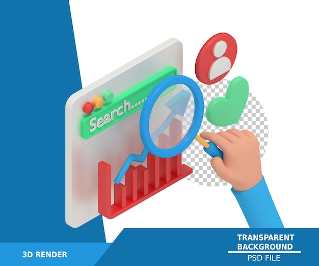 PSD 3d illustrazione di analisi seo marketing