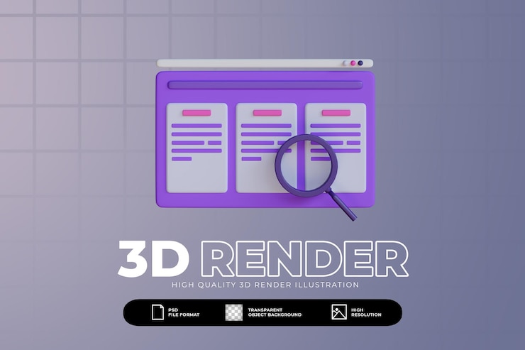 PSD 3d illustration article searching on website page with magnifying glass icon isolated