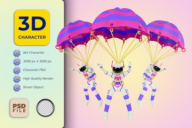 PSD 3d illustration of astronaut flying with parachute