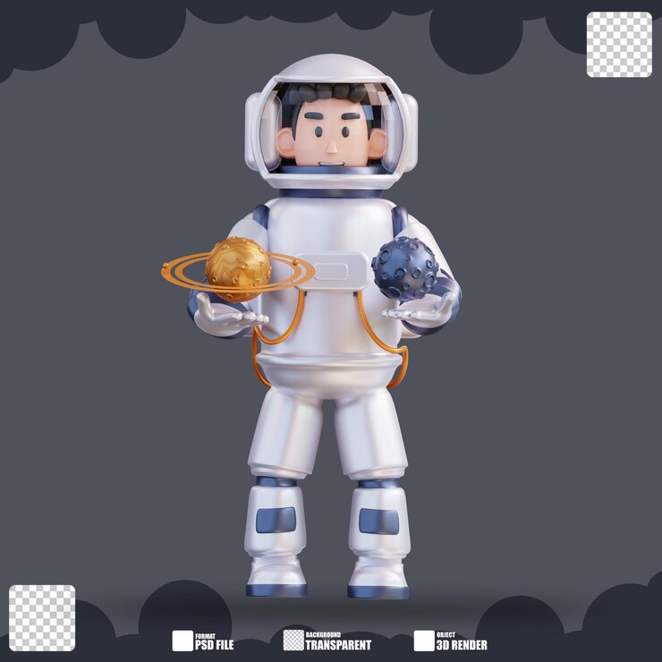 PSD 3d illustration of astronaut holding moon and saturn 1