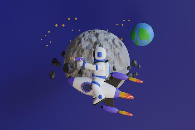 3D Illustration of Astronaut riding rocket in space an astronaut riding a rocket in front of a moon