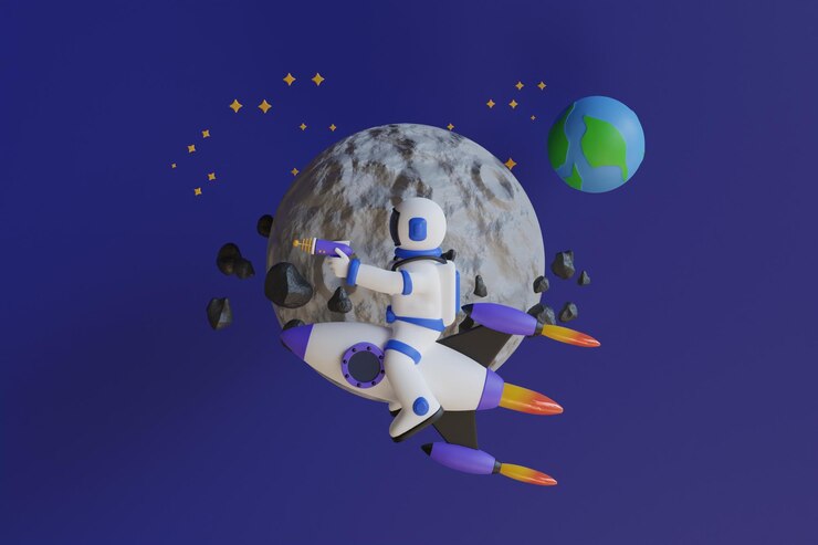 PSD 3d illustration of astronaut riding rocket in space an astronaut riding a rocket in front of a moon