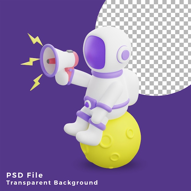 3d illustration astronaut sitting on the moon using megaphone design icon assets high quality