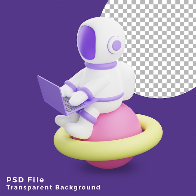 3d illustration astronaut sitting on the planet using laptop design icon assets high quality