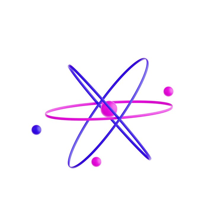 PSD 3d illustration of a atom with a blue circle and the word atom