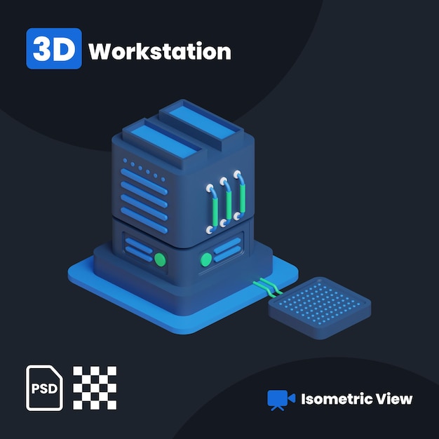3D-illustration av databasarbetsstation med en isometrisk vy
