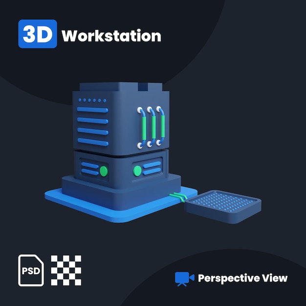 3D-illustration av databasarbetsstation med ett perspektiv