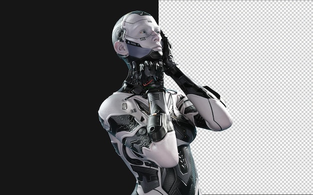 3D-illustration av en kvinna AI cyborg poserar på svart bakgrund med urklippsbana AI-projekt