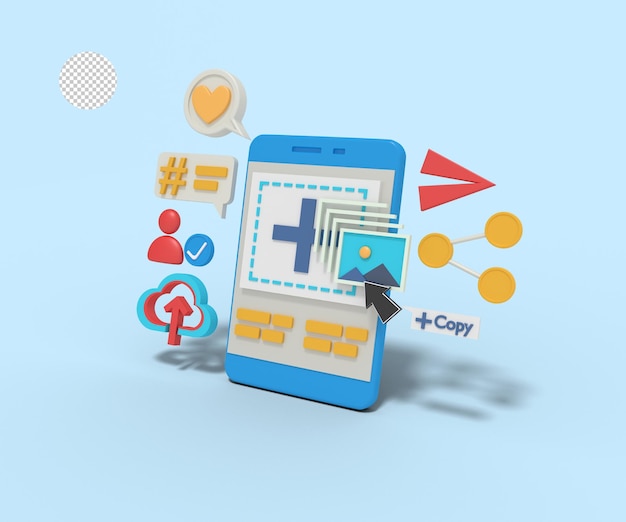 3D-illustration av uppladdning av bilder på sociala medier via smartphone