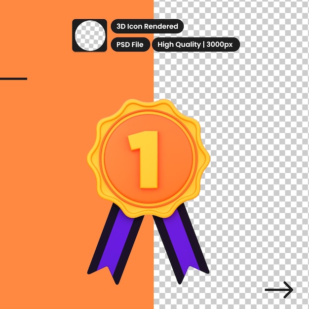 Medaglia premio illustrazione 3d con oggetto nastro garanzia di qualità medaglia vincitore con un numero etichetta di qualità premium concetto di ricompensa icona del design creativo dei cartoni animati isolata su sfondo trasparente