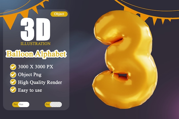 3d illustration balloon alphabet number 3