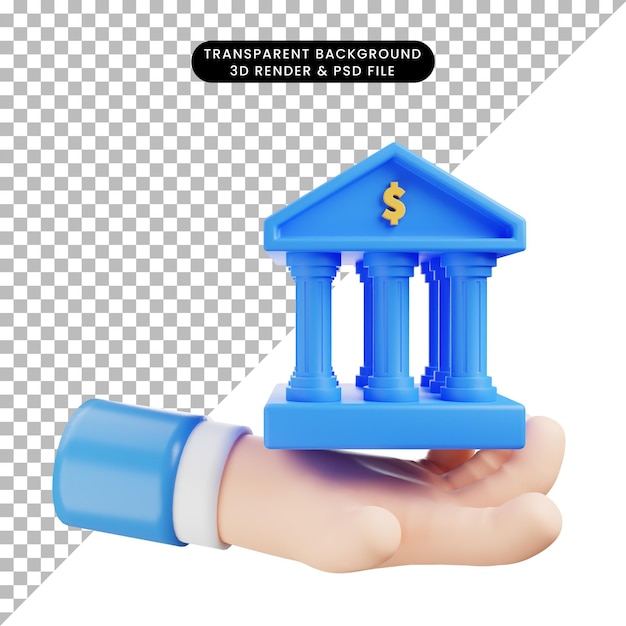 PSD illustrazione 3d della mano dell'icona bancaria con rendering 3d dell'architettura della banca edilizia