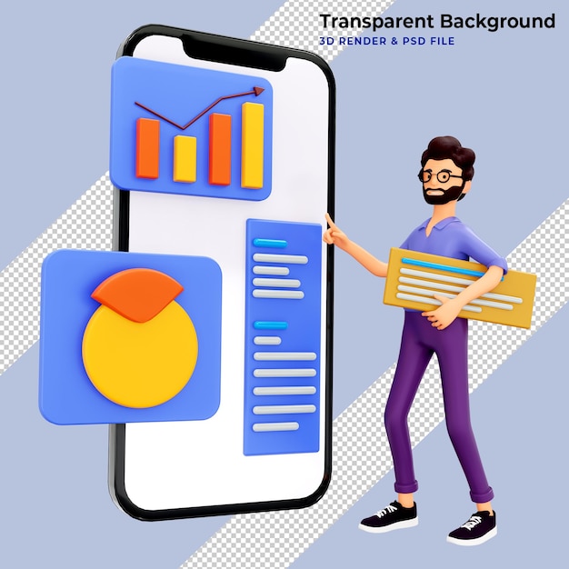 PSD 3d illustration of bearded man making a dashboard and interacting with graphs