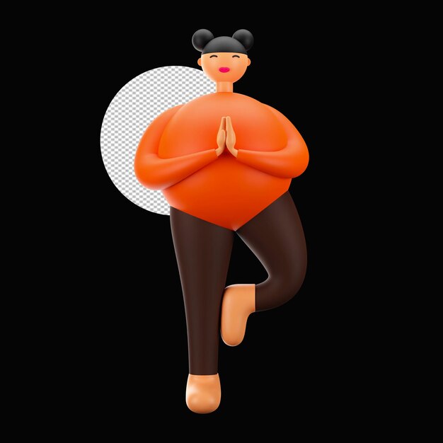 3d illustration of beautiful girl standing one leg folded in prayer pose