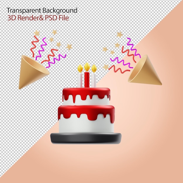 3d illustration of birthday cake and party poppers