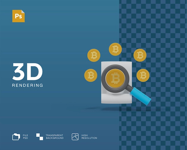 Биткойн 3d иллюстрации и лупа