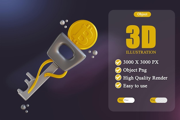 3d illustration bitcoin cryptocurrency key 3