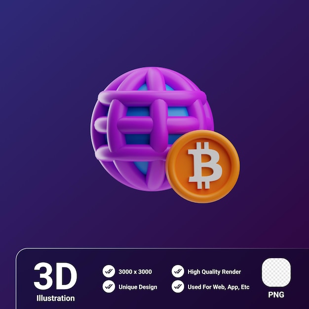 PSD 3d-иллюстрация биткойн криптовалюта по всему миру