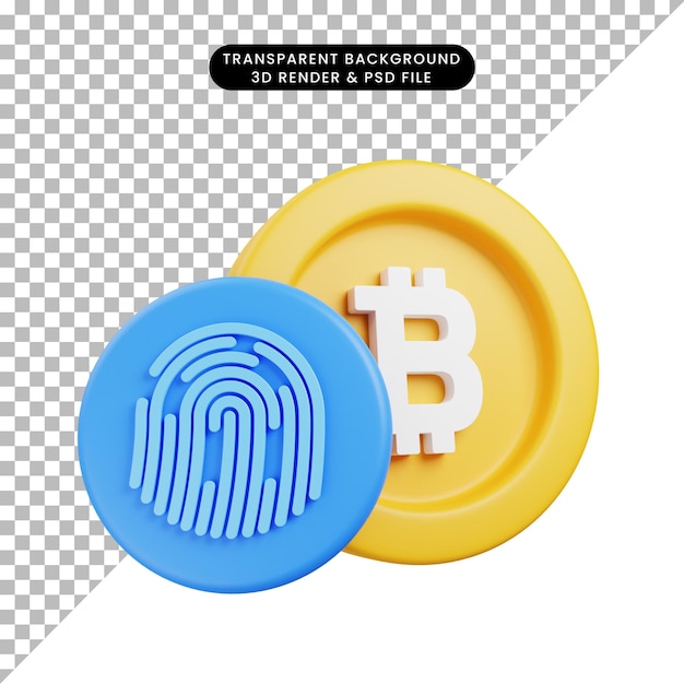 3d illustration bitcoin icon with finger print 3d render style