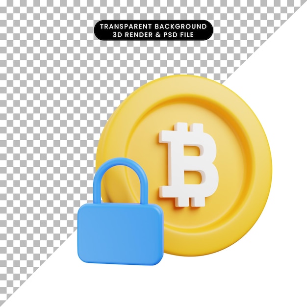 Illustrazione 3d icona bitcoin con icona lucchetto stile di rendering 3d