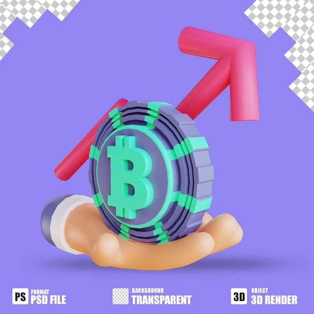 PSD 3d illustration bitcoin rate up and hand suitable for cryptocurrency