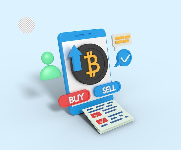 PSD 3d illustration of bitcoin trading app on phone