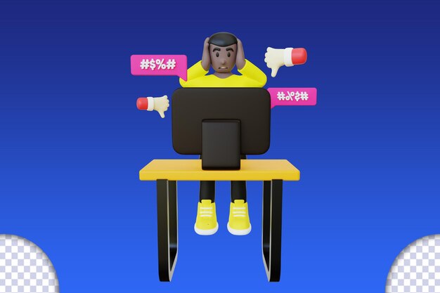 3d illustration of black guy reading hate comment from his pc black guy getting cyberbully from his computer