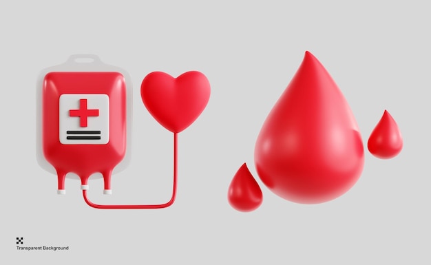 PSD 3d illustration of a blood donation bag used for storing blood donations and blood drop